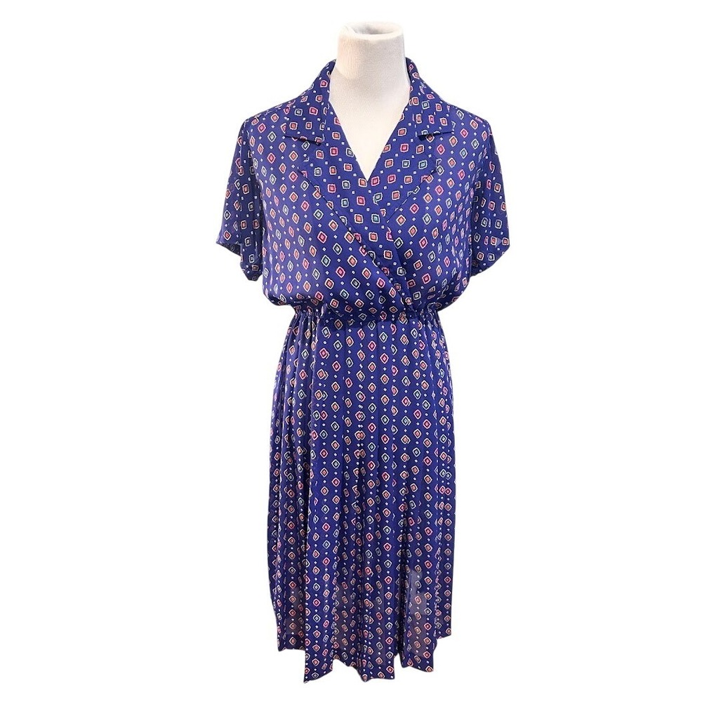 Vintage Leslie Fay Blue Geometric Diamond Print Midi Dress Short Sleeve‎ L